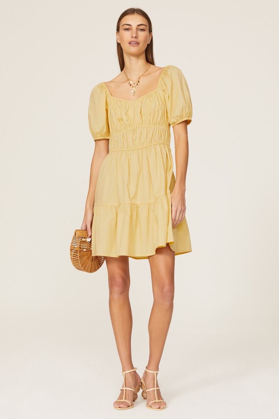 LOUNA Mellow Yellow Cotton Square Neck Puff Sleeves Smocked Cinched Dress Size M